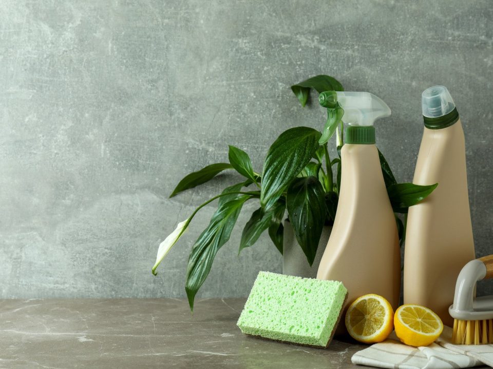 Cleaning supplies, including spray bottles, wipes and a brush, on a table with a green plant in a pot.