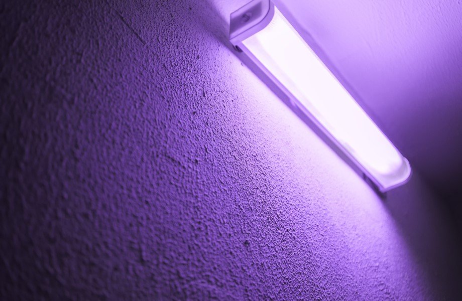 Close-up of UV-C light fixture used for disinfection, highlighting advanced technology in maintaining a germ-free and safe environment.