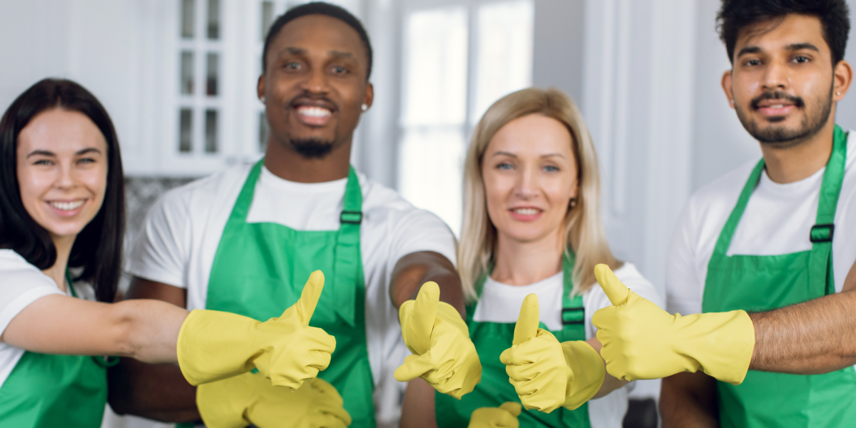 Four cheerful cleaning staff in green aprons and yellow gloves pose in a bright kitchen, giving a thumbs-up gesture, symbolizing professionalism and teamwork.