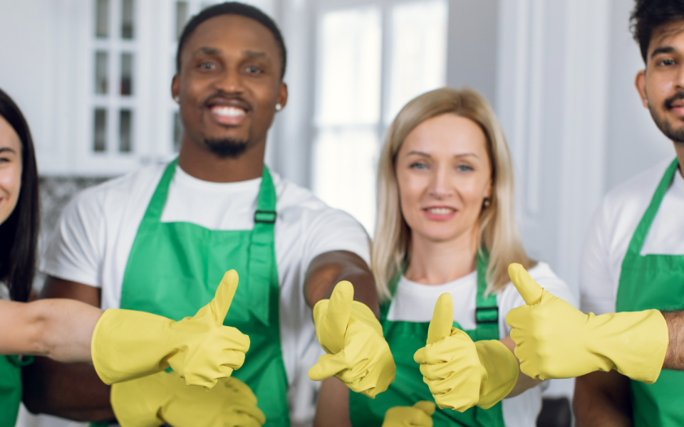 Four cheerful cleaning staff in green aprons and yellow gloves pose in a bright kitchen, giving a thumbs-up gesture, symbolizing professionalism and teamwork.