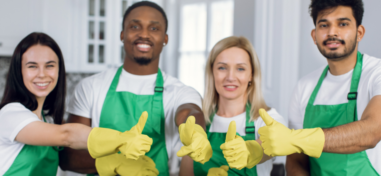 Four cheerful cleaning staff in green aprons and yellow gloves pose in a bright kitchen, giving a thumbs-up gesture, symbolizing professionalism and teamwork.